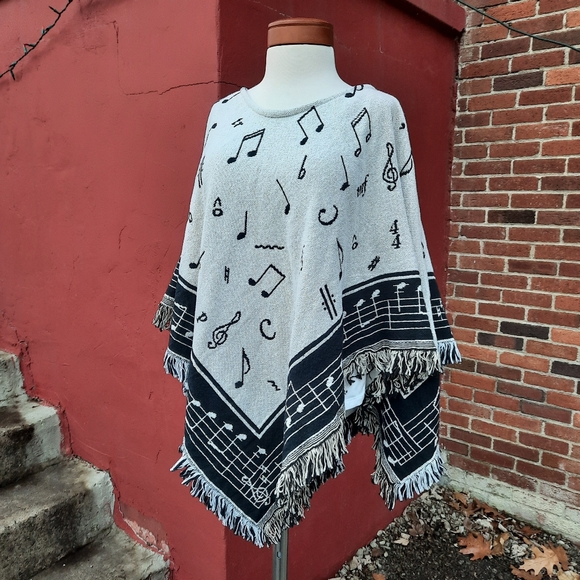 Vintage 90's Tapestry Blanket Throw Coat Poncho Cape Music Notes Fringe Novelty - Picture 7 of 13